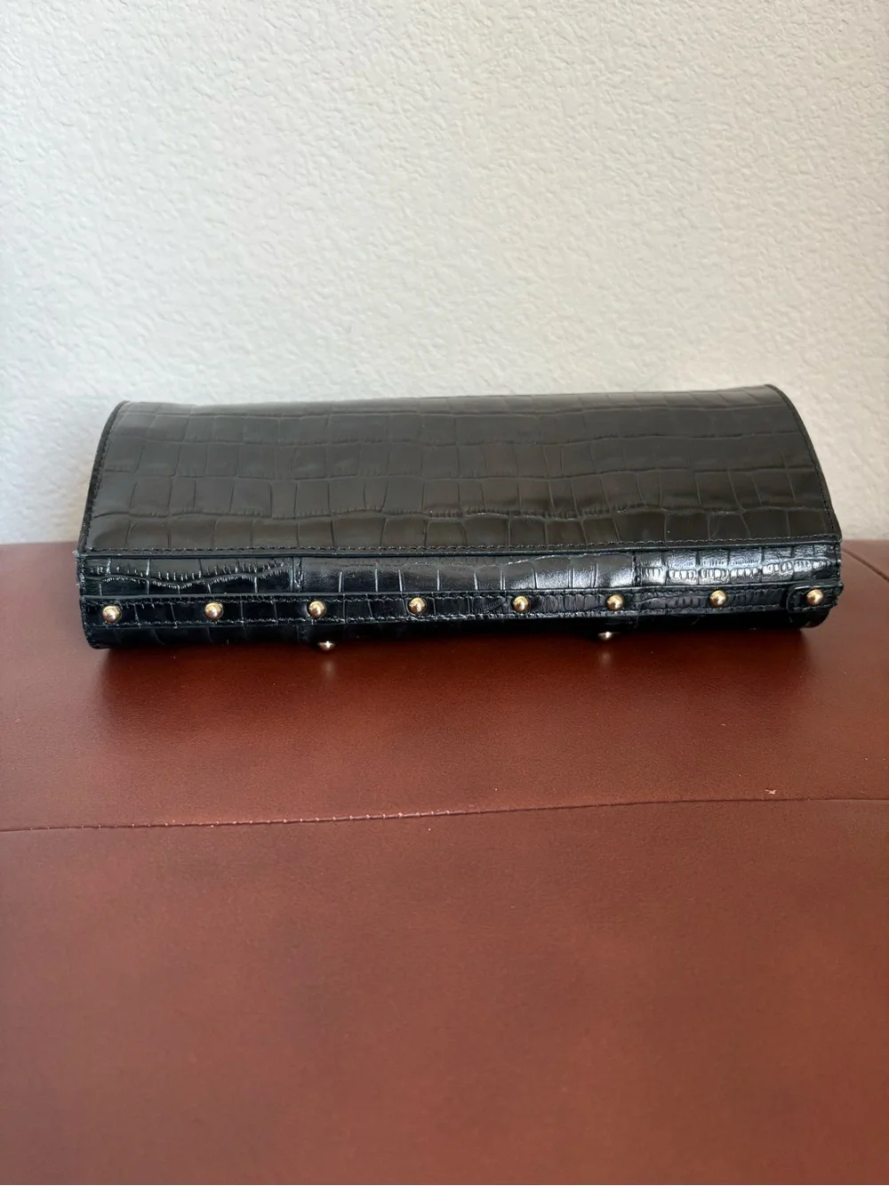 Charles David Black Croc-Embossed Leather Clutch with Gold Hardware